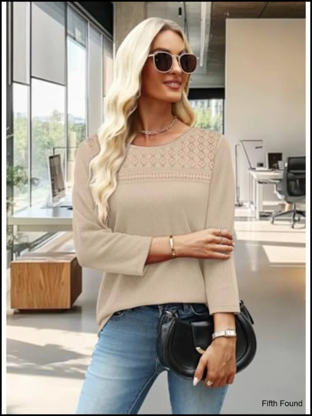 3/4 Length Sleeve Blouse Dressy Casual Lace Waffle Knit Top